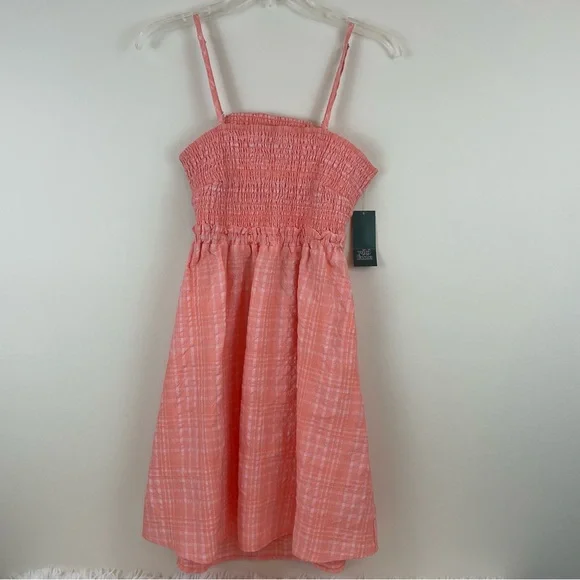 Women's Smocked Tube Top Babydoll Dress - Wild Fable Coral Plaid L, Pink